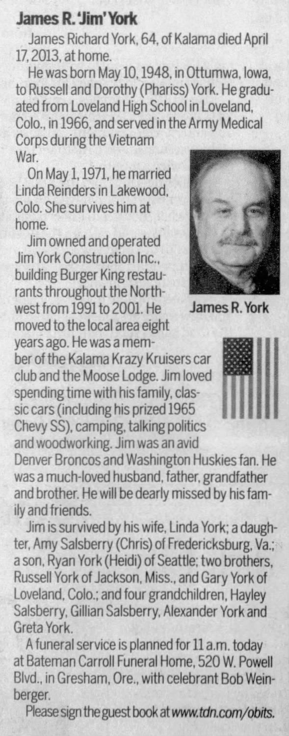 Obituary for James Richard York, 1948-2013 (Aged 64)